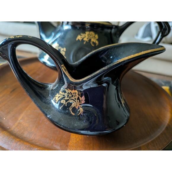 Pearl China Teapot Sugar Bowl Creamer black 22kt gold Vintage USA - Picture 7 of 11